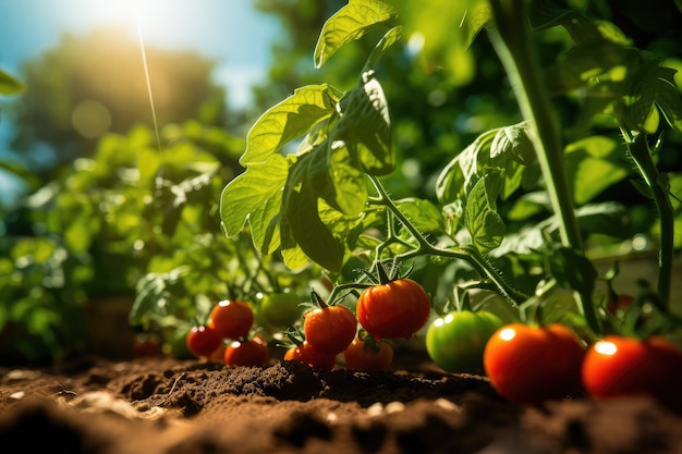 Gedeihende Tomaten auf einem Bauernhof Tauchen Sie ein in die lebendigen Farben der Fülle der Natur, während sonnenverwöhnte Tomaten auf einem blühenden Bauernhof gedeihen
