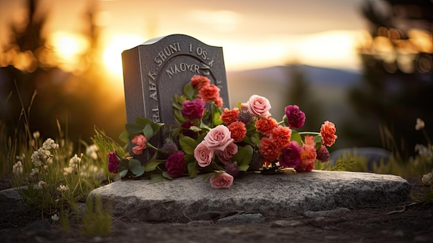 Gedenkstein mit Blumen