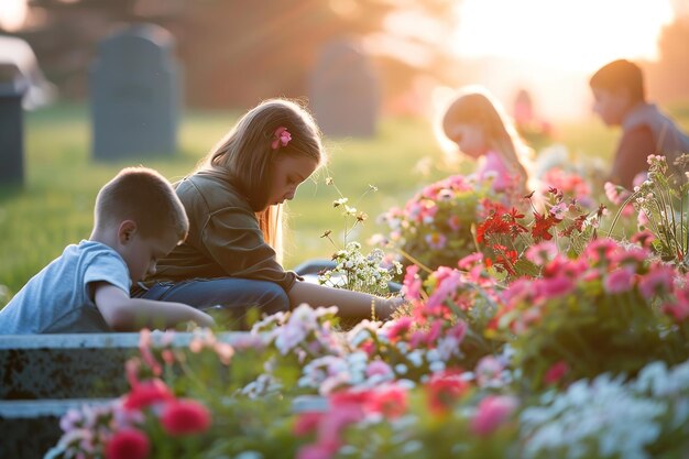 Gedenktag Kinder, die auf einem Friedhof mit blühenden Blumen beim Sonnenuntergang ihre Ehre erweisen