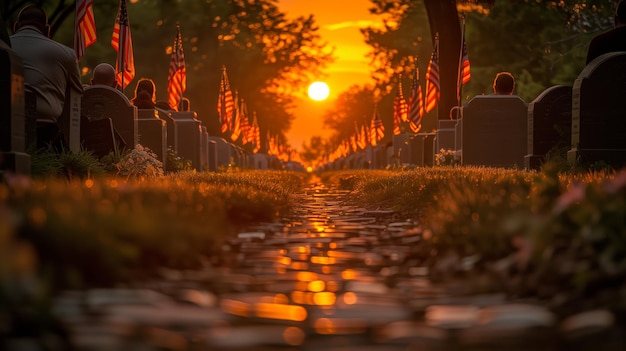 Gedenktag mit Fahnen beim Sonnenuntergang auf dem Friedhof