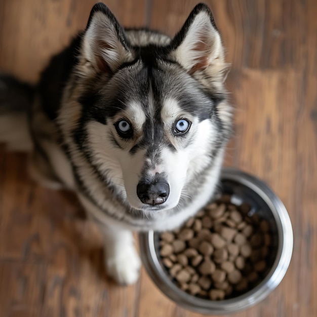 Geduldige Huskies sehnen sich nach Aufmerksamkeit in der Nahrungsschüssel