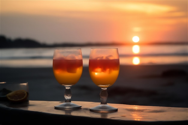 Geeiste und erfrischende Cocktails auf einem Strandhintergrund mit Sonnenuntergangslicht