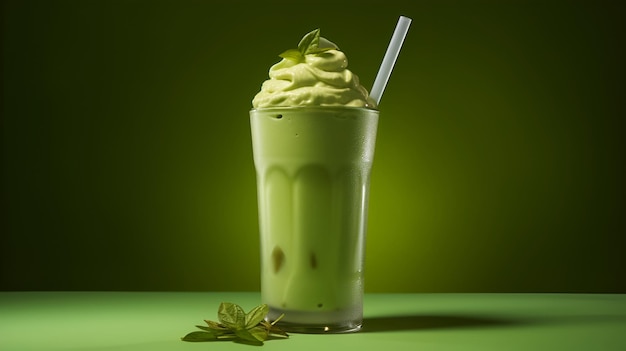 Geeister grüner Matcha-Tee gemischt mit Eiswürfeln und Milch in einem hohen Glas, minimalistischer Konzept-Kopierraum, kalter Matcha-Latte auf schmutziggrünem Hintergrund, grüner Mocktail mit Eiswürfeln und Milch, generative KI