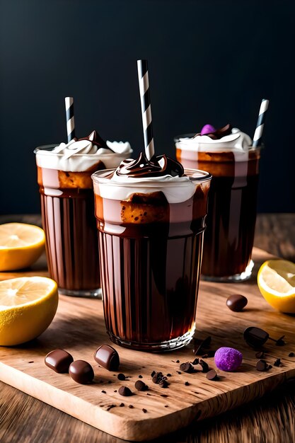 Geeister Schokoladenmilchshake auf dunklem Hintergrund