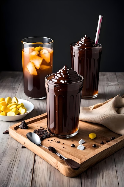 Geeister Schokoladenmilchshake auf dunklem Hintergrund