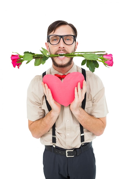 Foto geek hipster ofreciendo regalos de san valentín