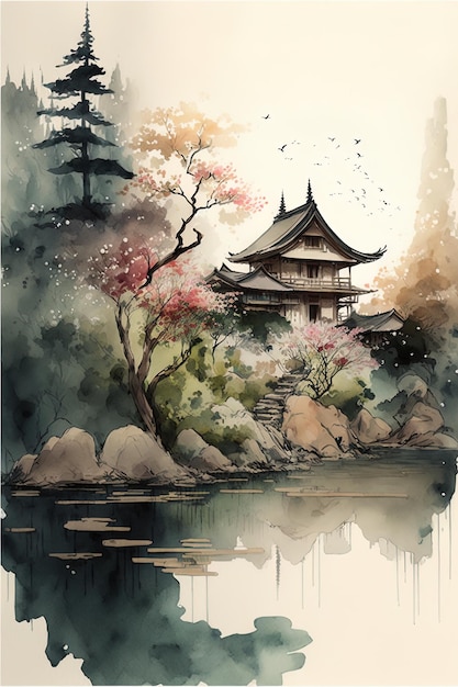 Geek039s Aquarela Paisagem Japonesa com Fada