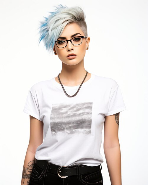 Foto geeky punk woman rocks t-shirt em uma sessão de fotos hiperrealista da vogue