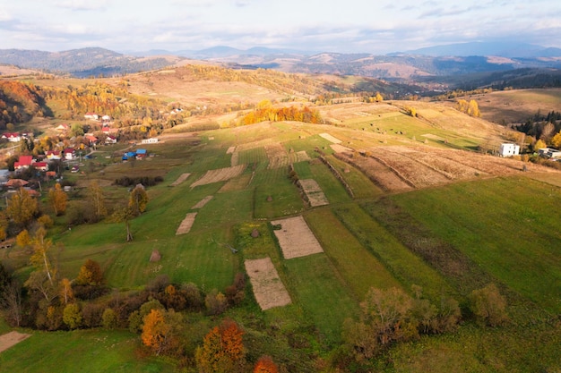 Geerntete Feldfarmen am grünen Hang des Hochgebirges in der Nähe von vergilbten und Terrakottabäumen unter klarem blauem Himmel Panoramaaussicht