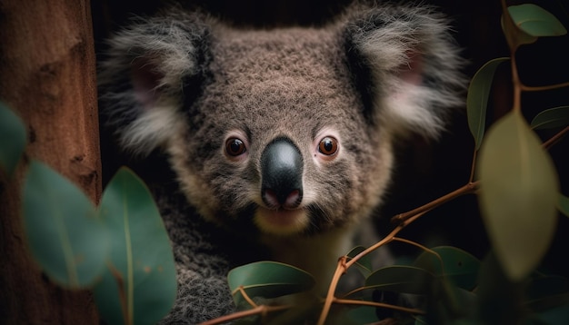 Gefährdeter Beuteltier-Koala, der auf einem von KI generierten Eukalyptuszweig sitzt