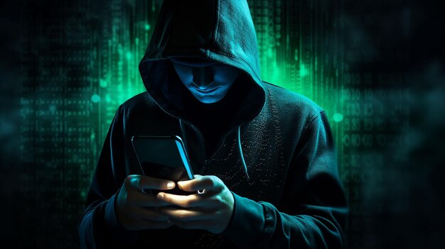 Gefährlicher kaputten Hacker mit Smartphone in der Hand Internet-Cyberkriminalität Cyberangriff