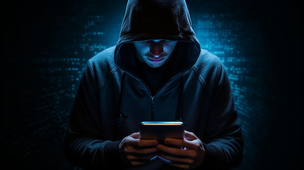 Foto gefährlicher kaputten hacker mit smartphone in der hand internet-cyberkriminalität cyberangriff