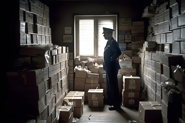 Gefälschte Waren in Kisten im Lager der Polizei Beschlagnahmte gefälschte Waren Polizeibeamter betrachtet Kisten Generative Ai