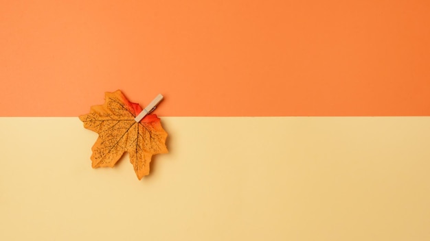Gefälschtes Ahornblatt auf gelbem und orangefarbenem Hintergrund Saisonale Feiertagshintergrundfahne