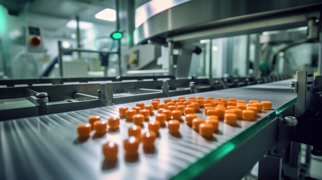 Foto gefäß mit tabletten auf einer verpackungslinie in einer pharmazeutischen fabrik