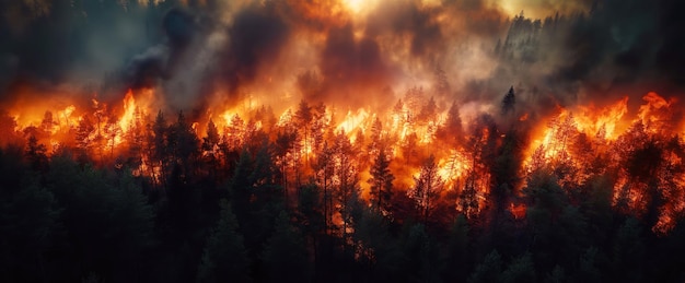 Gefahr Waldbrand im Kiefernwald in der Nacht Luftansicht von oben
