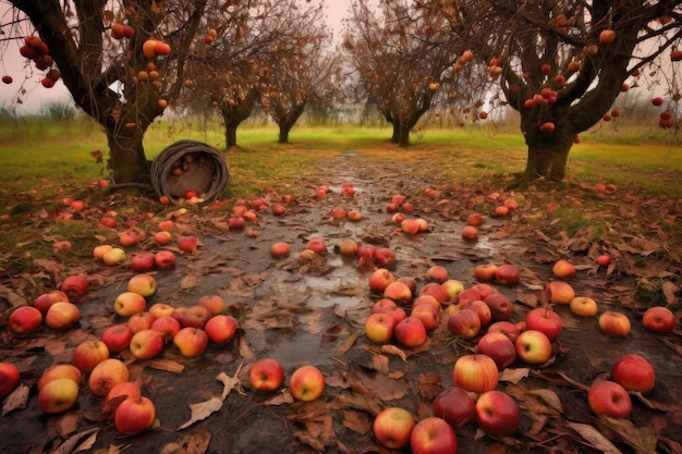 Gefallene Äpfel auf Obstgartenboden, umgeben von Herbstblättern, die mit generativer KI erzeugt wurden