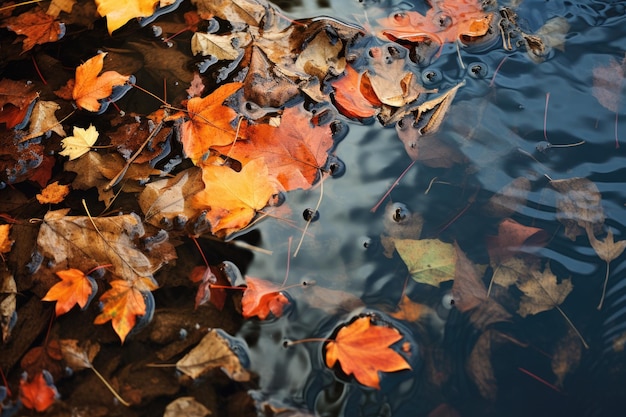 Gefallene Herbstblätter schwimmen auf einer Pfütze