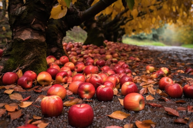 Gefallene Äpfel auf dem Boden, umgeben von Herbstblättern, die mit generativer KI erzeugt wurden