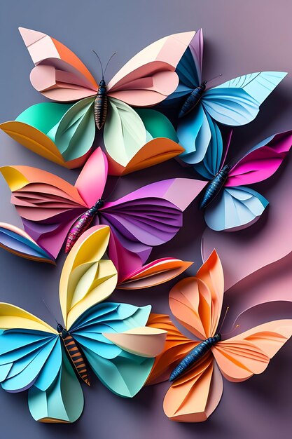 Gefaltetes Papier abstrakte bunte Schmetterlinge Origami-Papierskulptur Frühling