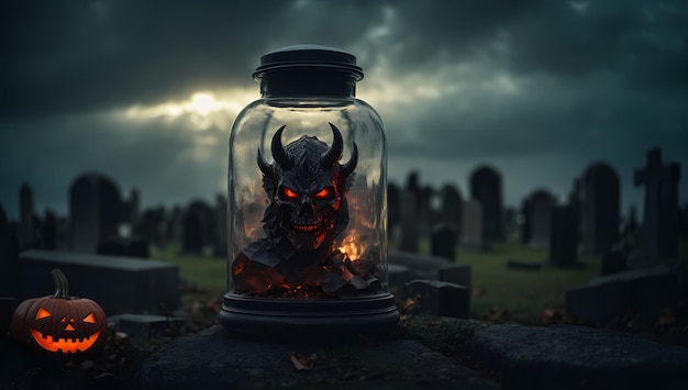 Gefangene Böswilligkeit dieses Halloween-Dämonen-Terrors, eingedämmt in gläsernen antiken Friedhöfen