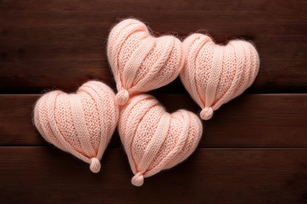 Gefertigte Herzen auf einem hölzernen Hintergrund Valentinstagskartenkonzept Handgemachte Amigurumi Generative KI