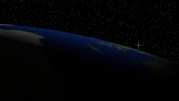 Geflecktes Licht auf der Erdoberfläche mit Sternenfeld und blauem Stern im Hintergrund (3D-Rendering)
