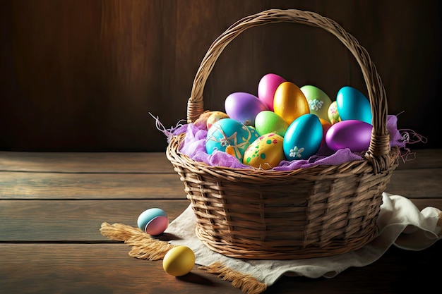 Geflochtenes hellbraunes Osterkörbchen mit darin liegenden bunten Eiern