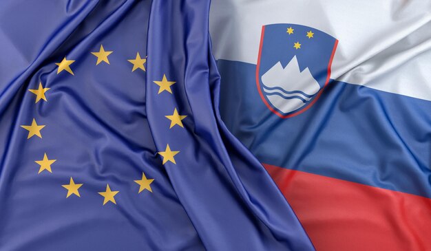 Geflügelte Flaggen der Europäischen Union und Sloweniens 3D-Rendering