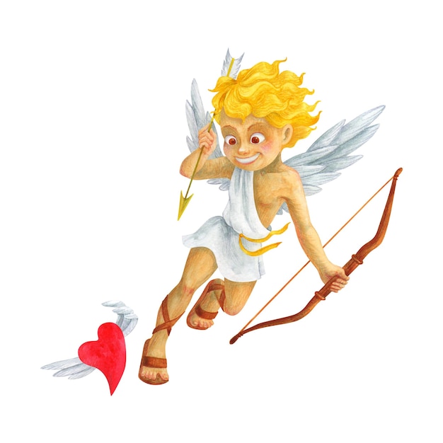 Geflügelter Junge in griechischer Kleidung jagt ein Herz, um es mit einem Pfeil zu durchbohren Isolierter Aquarell-Kerub Cupid