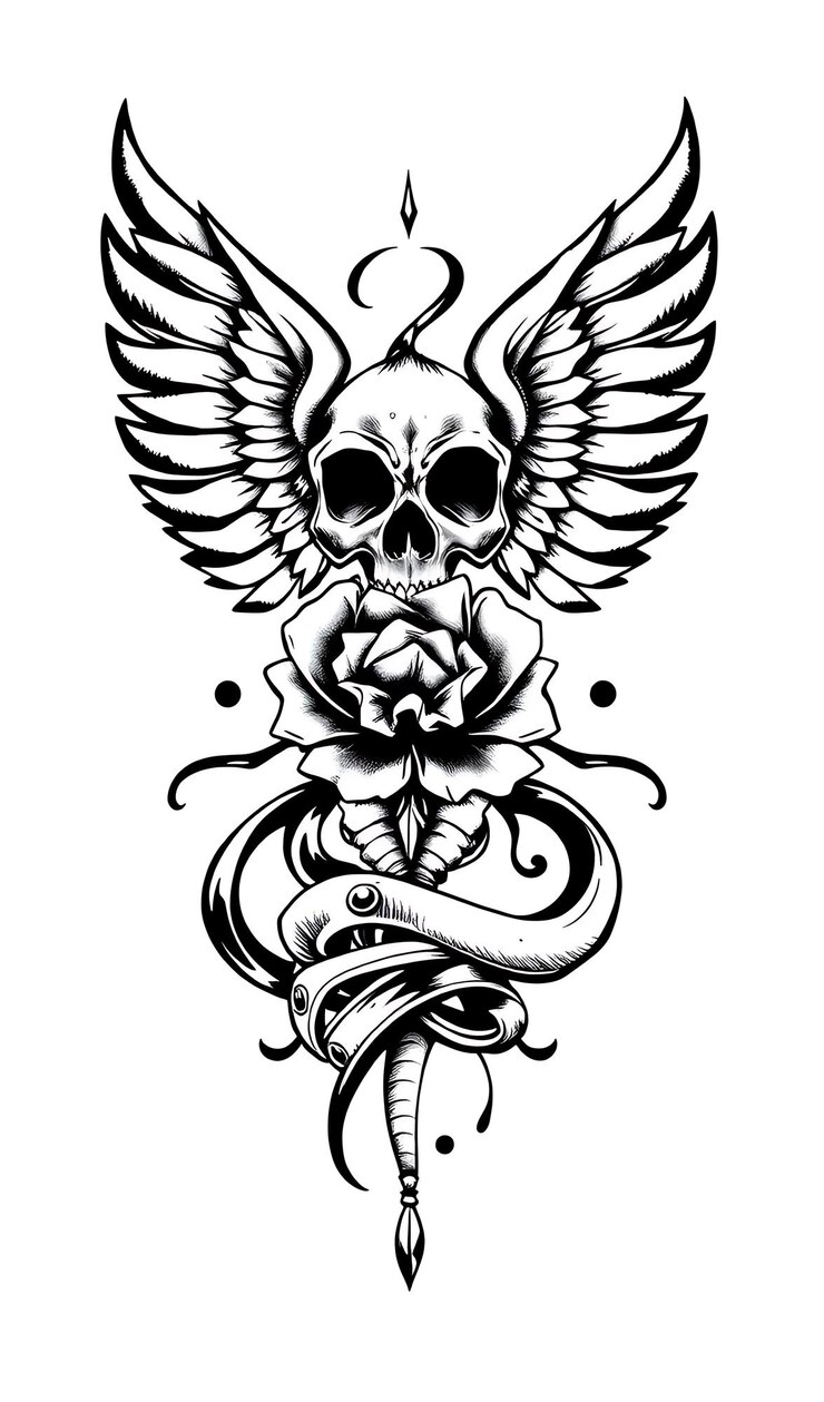 Foto geflügelter schädel mit rose- und schlangen-tattoo-design