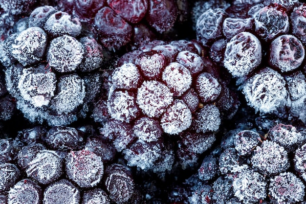 Gefroren und bedeckt mit Raureif Brombeere Makrofoto Nahaufnahme Beeren für eine gesunde Ernährung