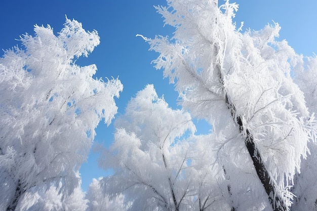 Gefrorene Bäume im Winter mit blauem Himmel