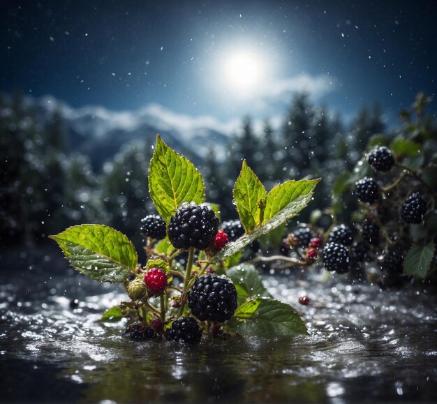 Gefrorene Brennbeeren auf einem dunklen Hintergrund im Wald Selektive Fokussierung