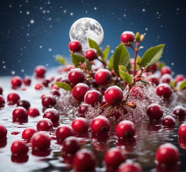 Gefrorene Cranberries und Mond auf einem dunklen Hintergrund mit Wassertropfen