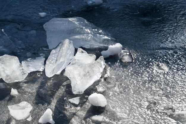 Gefrorene Eisstücke auf der Oberfläche des Reservoirs im Winter