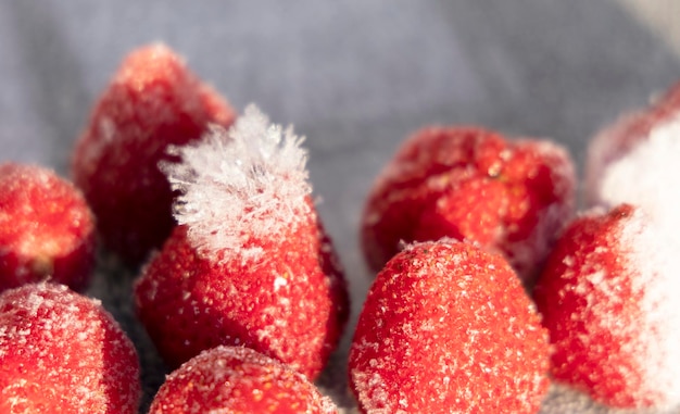 Gefrorene Erdbeeren im Rauhreif mit Sonnenlicht