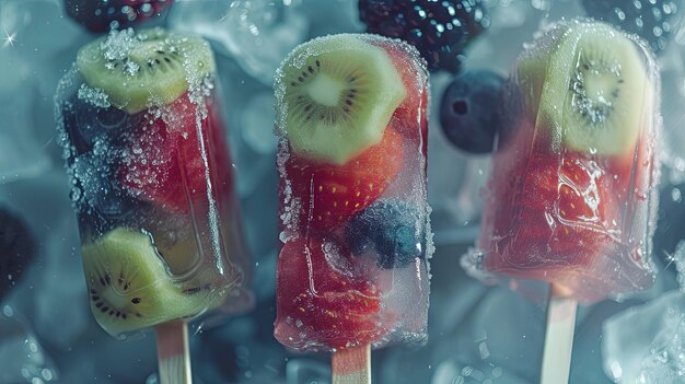 Foto gefrorene früchte und beeren auf eiscreme hintergrundkonzept