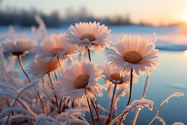 Gefrorene Gänseblümchen Die sanfte Berührung des Winters