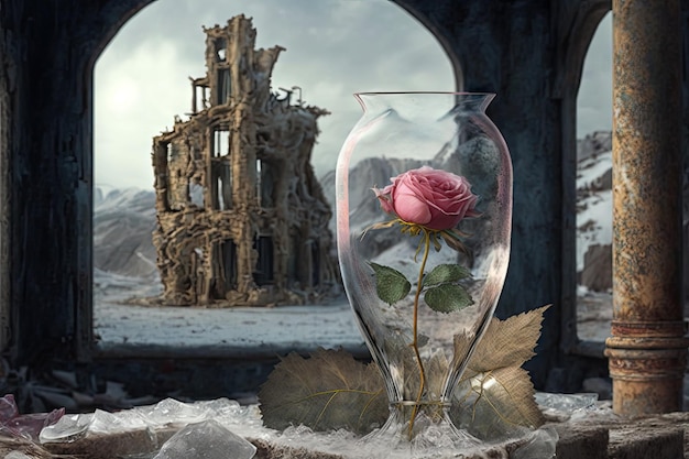 Gefrorene Rose in transparenter Glasvase auf dem Tisch vor dem Hintergrund einer Burgruine, die mit Genen erstellt wurde