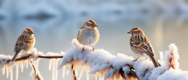 Foto gefrorene spatzen sitzen an einem frostigen wintermorgen