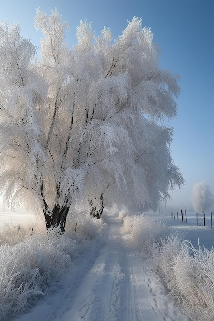 Gefrorener Baum auf Winterfeld und blauem Himmel
