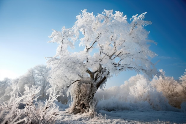 Gefrorener Baum bedeckt mit glitzerndem Eis und Schnee