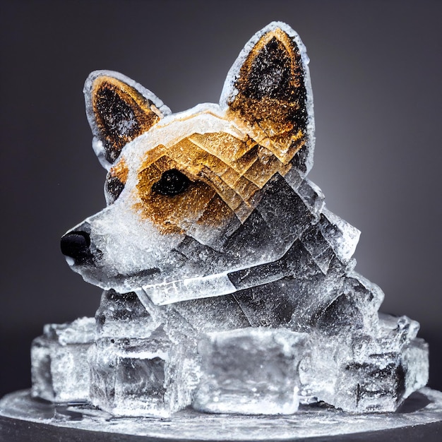 Gefrorener Corgi-Hund mit Eiswürfel-Fotomontage 3D-Rendering