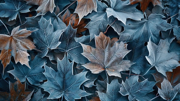 Foto gefrorener herbstfrost, kalter morgen, eis, ahornblätter