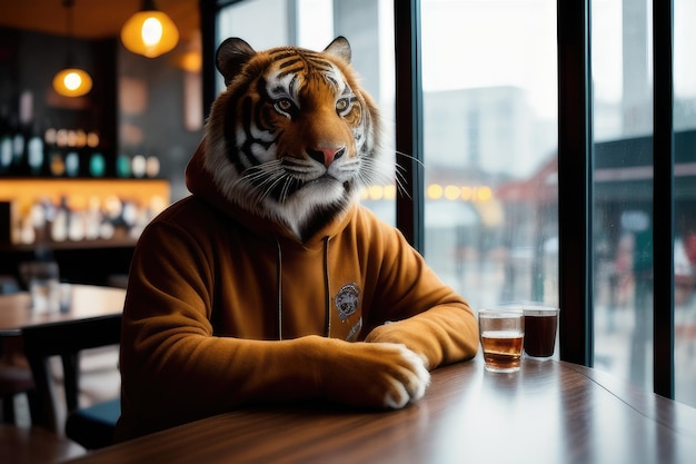 Foto gefrorener hipster-tiger in der stadt nimmt das leben mit einem langsamen, glücklichen gesicht