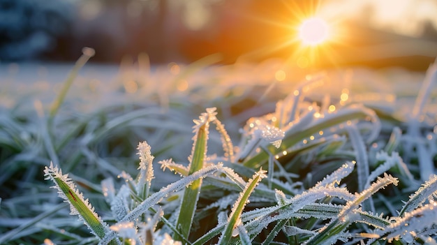 Gefrorener Morgengarten mit Sonnenlicht Winternatur Nahaufnahme