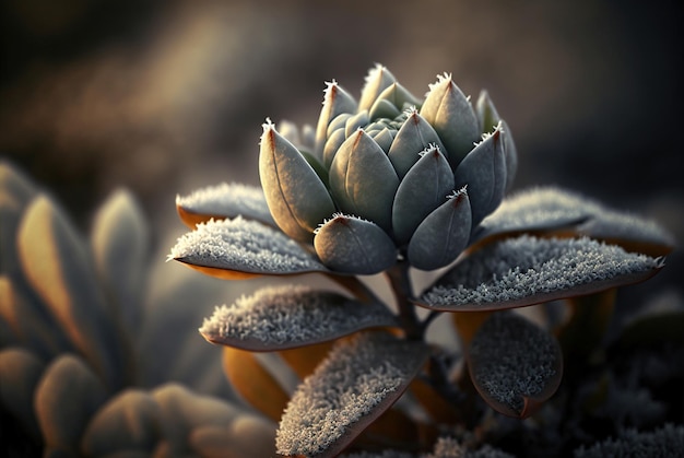 Gefrorener Tau und Reif auf Pflanzenblättern im Morgengrauen an einem kalten Wintertag, den Ai erzeugt