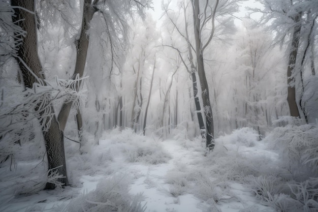 Gefrorener Wald mit Bäumen, die nach einem mit generativer KI erzeugten Schneesturm mit einer Schneedecke bedeckt waren