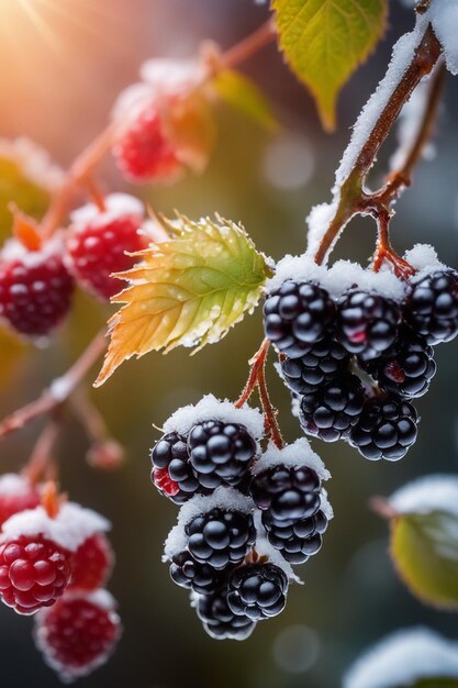 Foto gefrorenes blackberry konzentriert sich nur auf beeren, verschwommener hintergrund